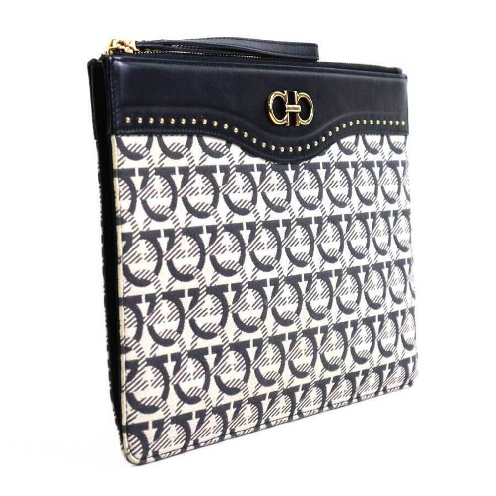 Salvatore Ferragamo Black clutch beige Gancini leather canvas bag gray Tan Gray